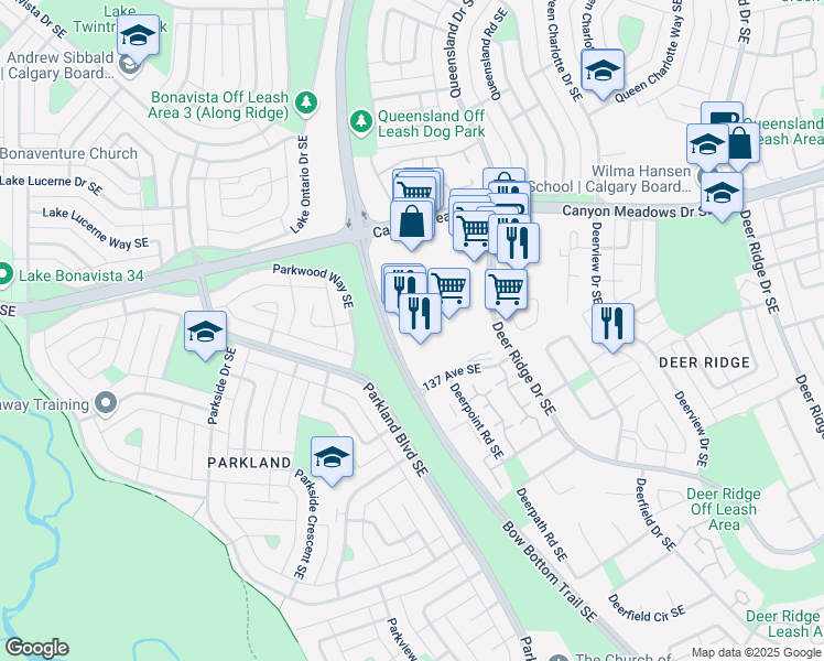 map of restaurants, bars, coffee shops, grocery stores, and more near 13750 Bow Bottom Trail Southeast in Calgary