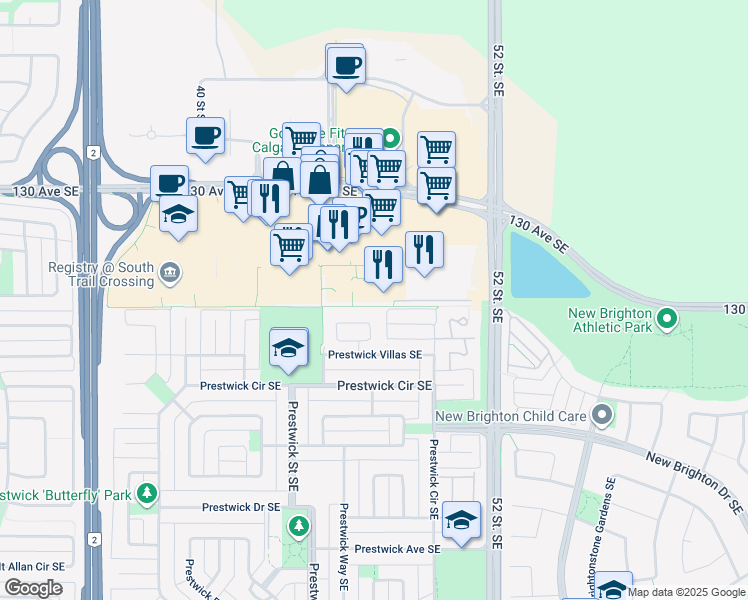 map of restaurants, bars, coffee shops, grocery stores, and more near Unnamed Road in Calgary