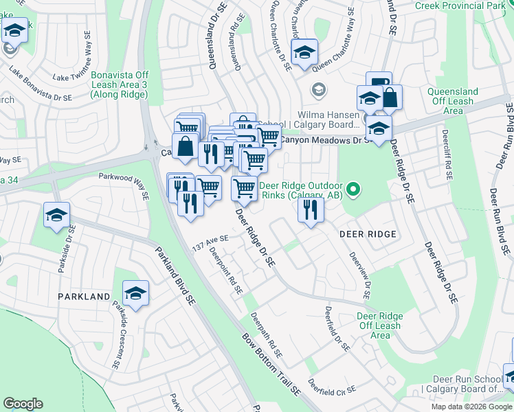 map of restaurants, bars, coffee shops, grocery stores, and more near 67 Deer Ridge Close Southeast in Calgary