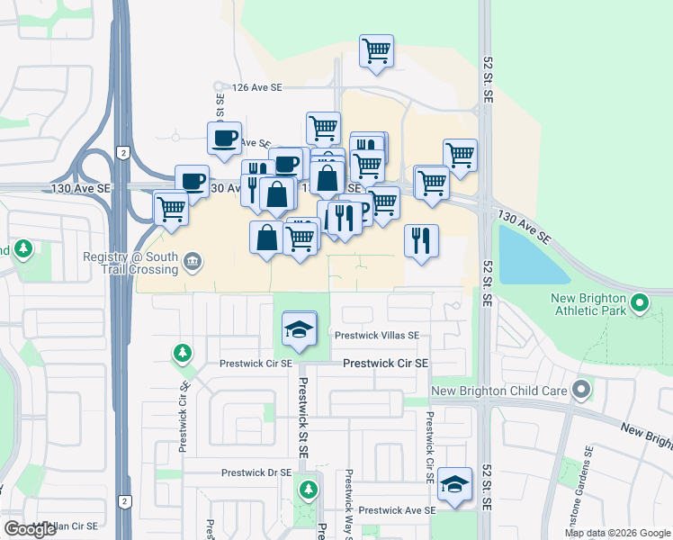 map of restaurants, bars, coffee shops, grocery stores, and more near 4975 130 Avenue Southeast in Calgary
