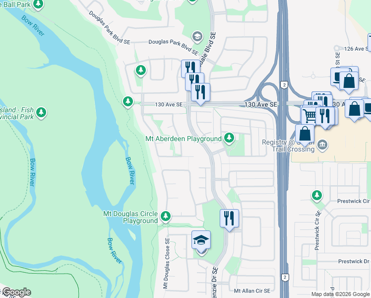 map of restaurants, bars, coffee shops, grocery stores, and more near 136 Mount Douglas Point Southeast in Calgary