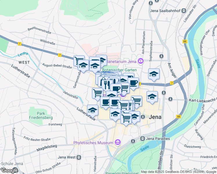 map of restaurants, bars, coffee shops, grocery stores, and more near 2 Wagnergasse in Jena