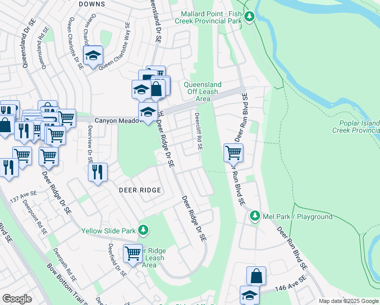 map of restaurants, bars, coffee shops, grocery stores, and more near 300 Deercliff Road Southeast in Calgary