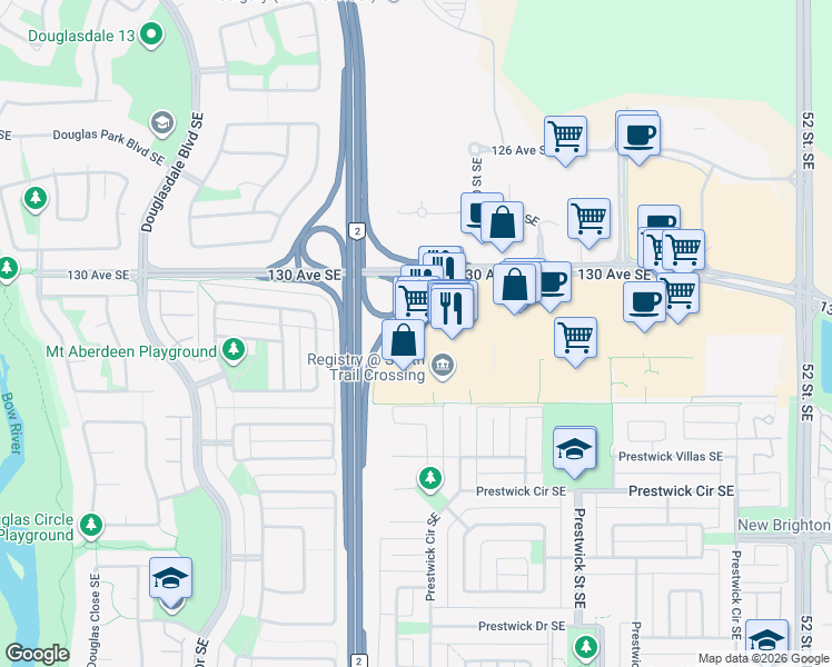 map of restaurants, bars, coffee shops, grocery stores, and more near 4307 130 Avenue Southeast in Calgary