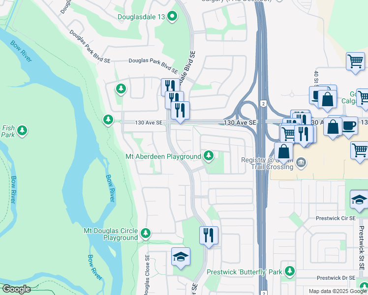 map of restaurants, bars, coffee shops, grocery stores, and more near 42 Mount Aberdeen Manor Southeast in Calgary