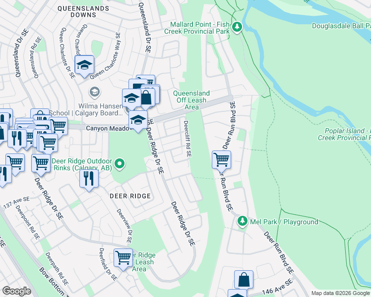 map of restaurants, bars, coffee shops, grocery stores, and more near 280 Deercliff Road Southeast in Calgary