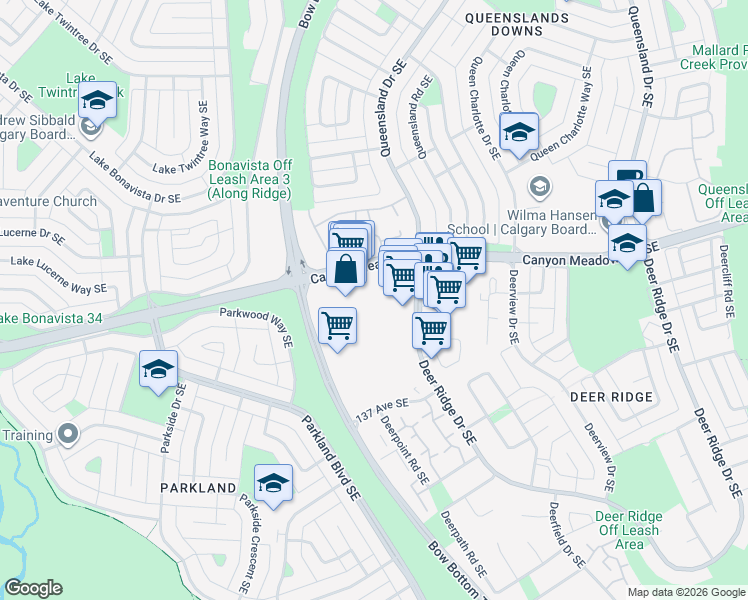 map of restaurants, bars, coffee shops, grocery stores, and more near 1221 Canyon Meadows Drive Southeast in Calgary