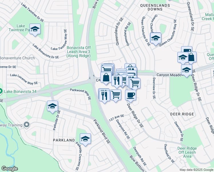 map of restaurants, bars, coffee shops, grocery stores, and more near 1221 Canyon Meadows Drive Southeast in Calgary