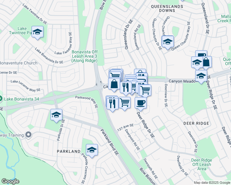 map of restaurants, bars, coffee shops, grocery stores, and more near 1221 Canyon Meadows Drive Southeast in Calgary