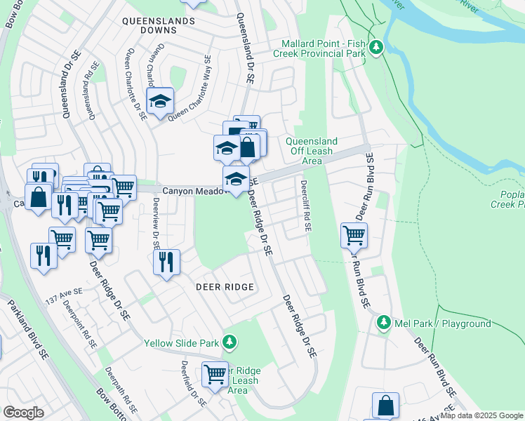 map of restaurants, bars, coffee shops, grocery stores, and more near 13704 Deer Ridge Drive Southeast in Calgary