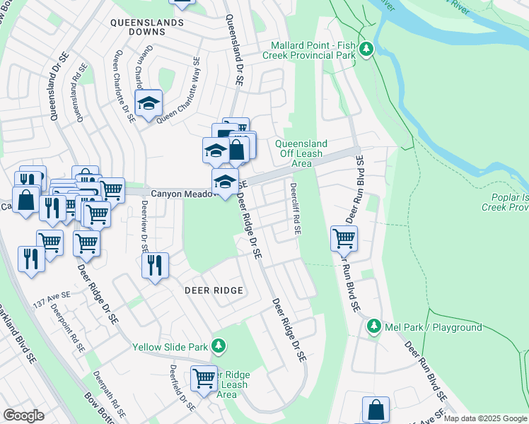 map of restaurants, bars, coffee shops, grocery stores, and more near 13704 Deer Ridge Drive Southeast in Calgary