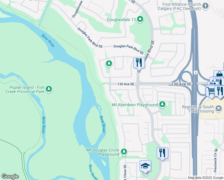 map of restaurants, bars, coffee shops, grocery stores, and more near 209 Mount Douglas Point Southeast in Calgary