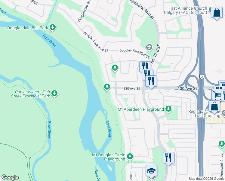 map of restaurants, bars, coffee shops, grocery stores, and more near 24 Mount Douglas Point Southeast in Calgary