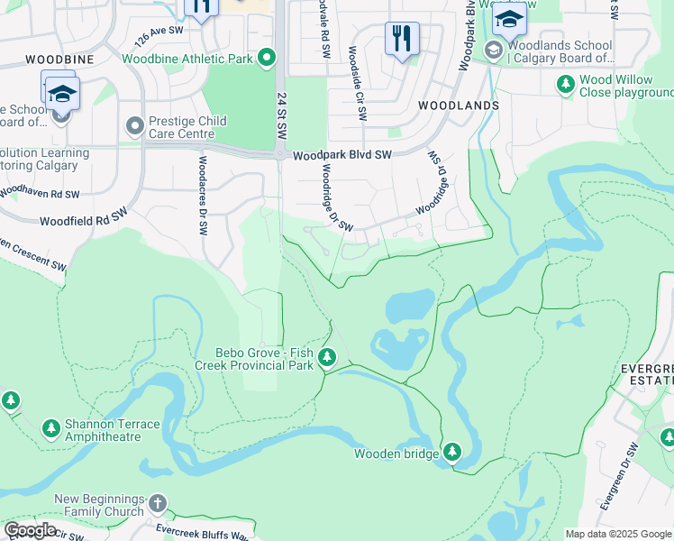 map of restaurants, bars, coffee shops, grocery stores, and more near 587 Woodridge Terrace Southwest in Calgary