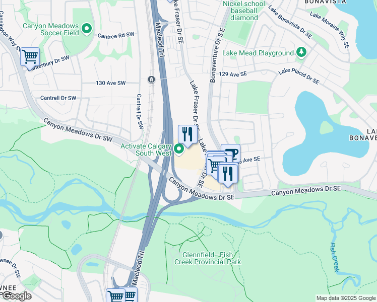 map of restaurants, bars, coffee shops, grocery stores, and more near 13226 Macleod Trail Southeast in Calgary
