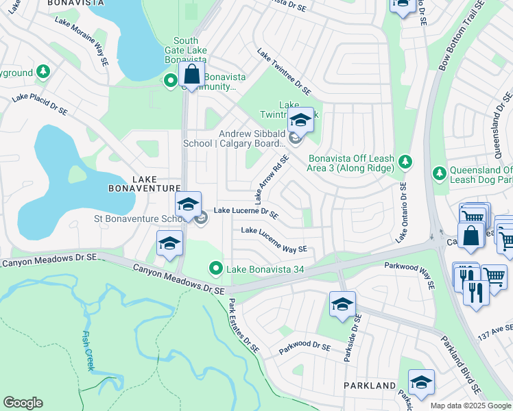 map of restaurants, bars, coffee shops, grocery stores, and more near 740 Lake Lucerne Drive Southeast in Calgary