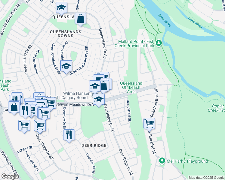 map of restaurants, bars, coffee shops, grocery stores, and more near 2022 Canyon Meadows Drive Southeast in Calgary