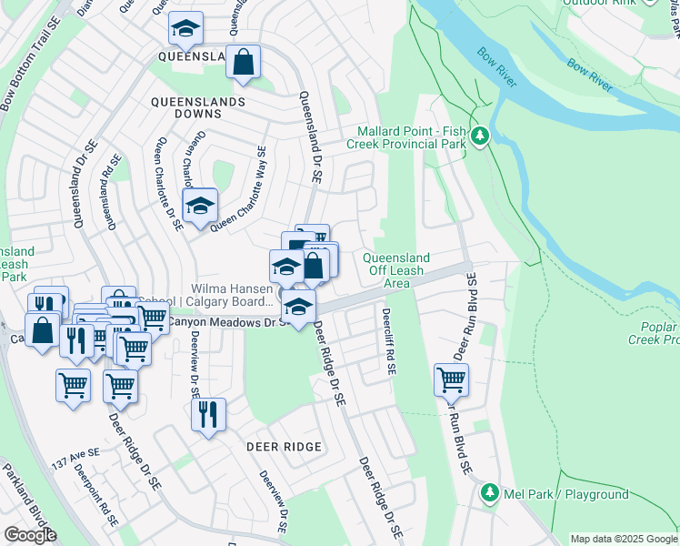 map of restaurants, bars, coffee shops, grocery stores, and more near 2022 Canyon Meadows Drive Southeast in Calgary