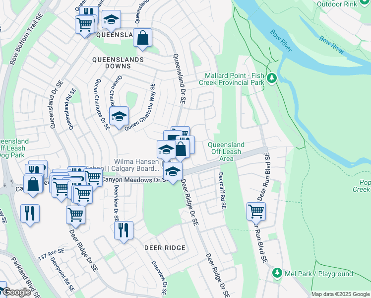 map of restaurants, bars, coffee shops, grocery stores, and more near 950 Queensland Drive Southeast in Calgary