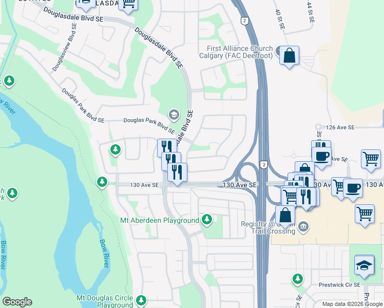 map of restaurants, bars, coffee shops, grocery stores, and more near 13 Douglas Ridge Circle Southeast in Calgary