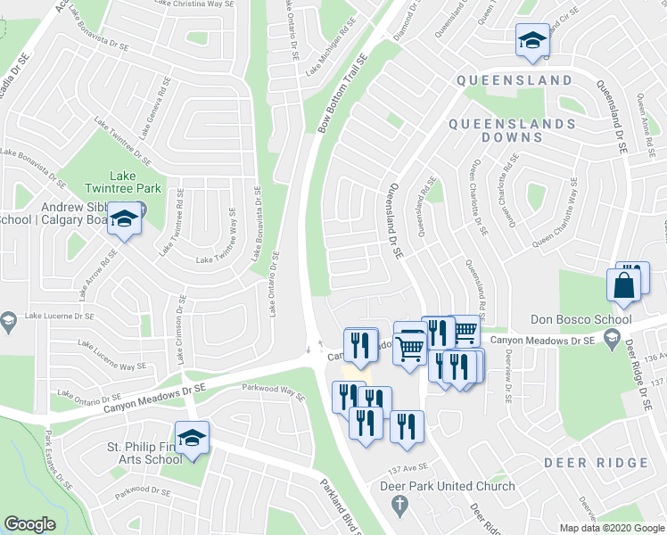 map of restaurants, bars, coffee shops, grocery stores, and more near 53 Queen Isabella Close Southeast in Calgary