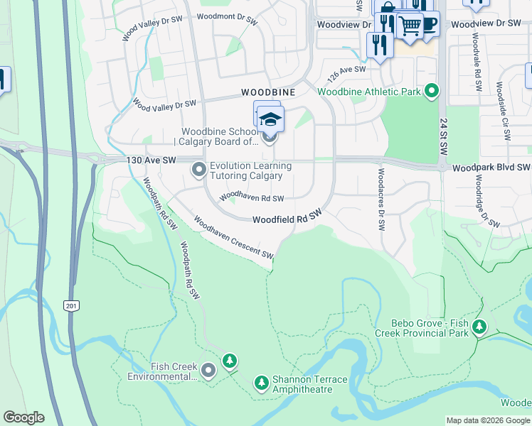 map of restaurants, bars, coffee shops, grocery stores, and more near 152 Woodfield Road Southwest in Calgary