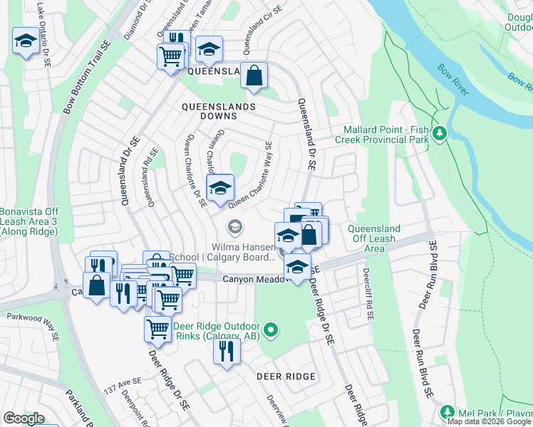 map of restaurants, bars, coffee shops, grocery stores, and more near 538 Queensland Place Southeast in Calgary