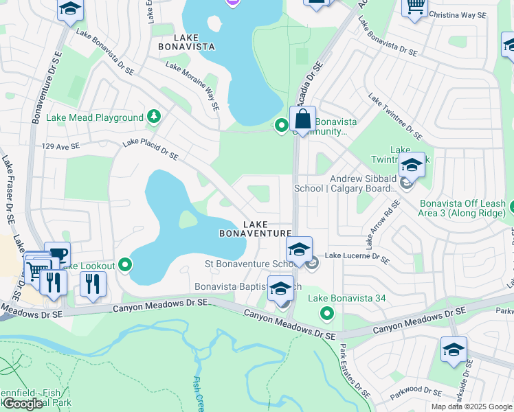 map of restaurants, bars, coffee shops, grocery stores, and more near 115 Lake Tahoe Green Southeast in Calgary
