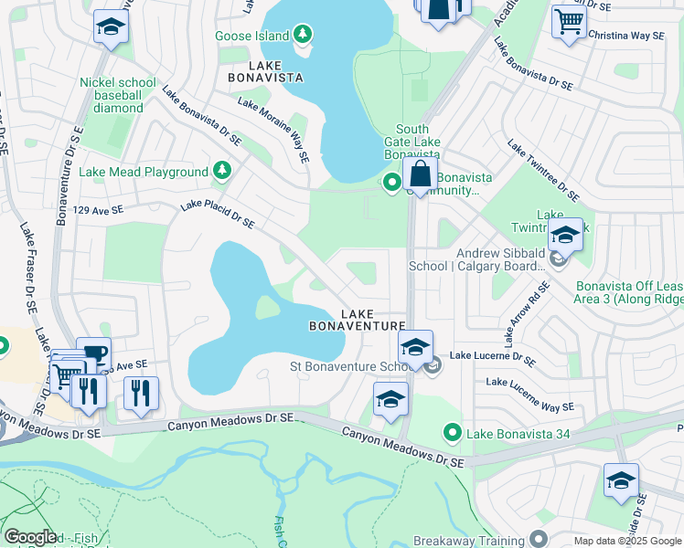 map of restaurants, bars, coffee shops, grocery stores, and more near 112 Lake Tahoe Green Southeast in Calgary