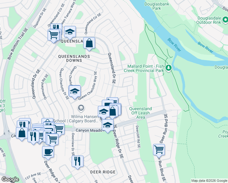 map of restaurants, bars, coffee shops, grocery stores, and more near 870 Queensland Drive Southeast in Calgary