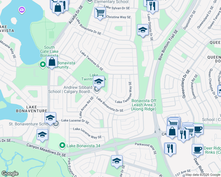 map of restaurants, bars, coffee shops, grocery stores, and more near 13027 Lake Twintree Road Southeast in Calgary
