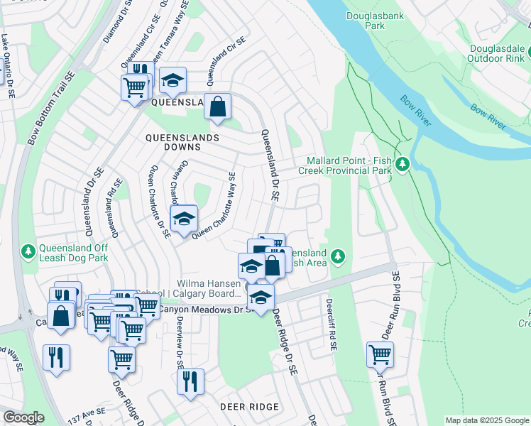 map of restaurants, bars, coffee shops, grocery stores, and more near 871 Queensland Drive Southeast in Calgary