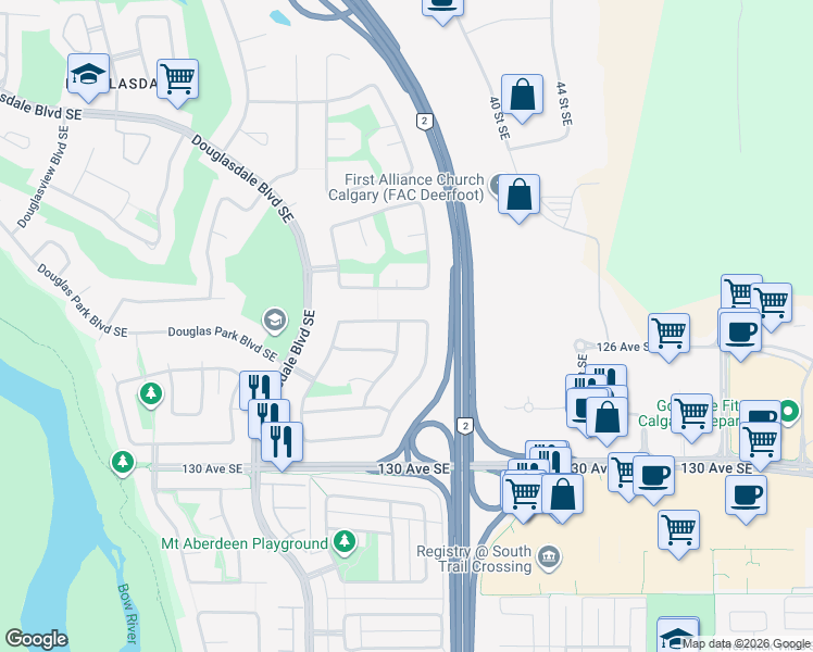 map of restaurants, bars, coffee shops, grocery stores, and more near 13010 Douglas Ridge Grove Southeast in Calgary