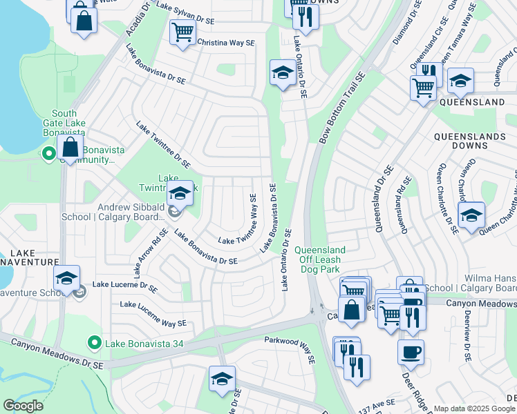 map of restaurants, bars, coffee shops, grocery stores, and more near 1432 Lake Twintree Way Southeast in Calgary
