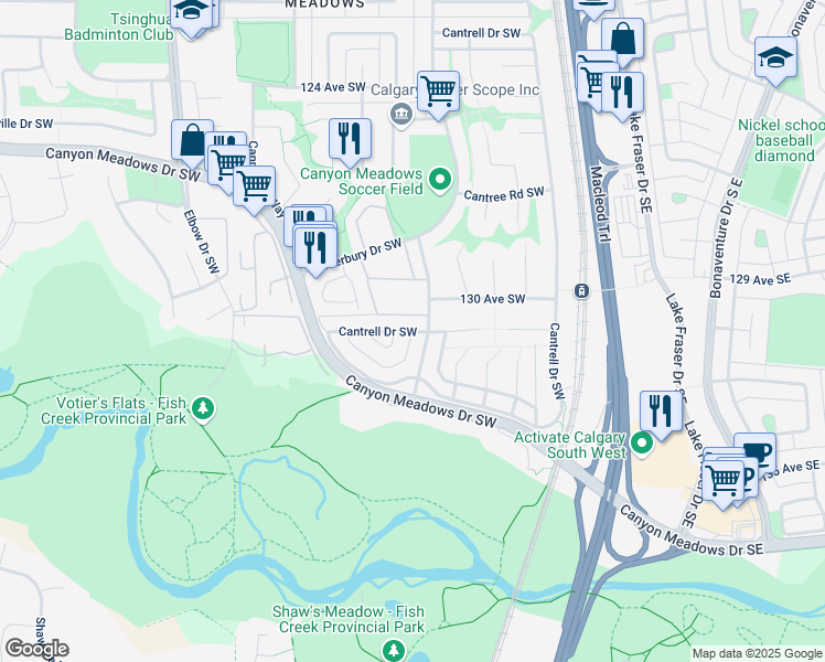 map of restaurants, bars, coffee shops, grocery stores, and more near 112 Cantrell Drive Southwest in Calgary