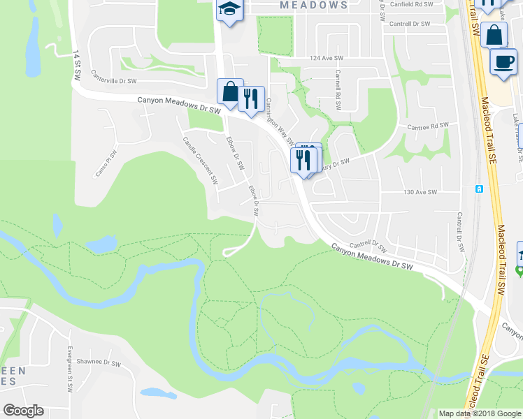 map of restaurants, bars, coffee shops, grocery stores, and more near 110 Elbow Drive Southwest in Calgary