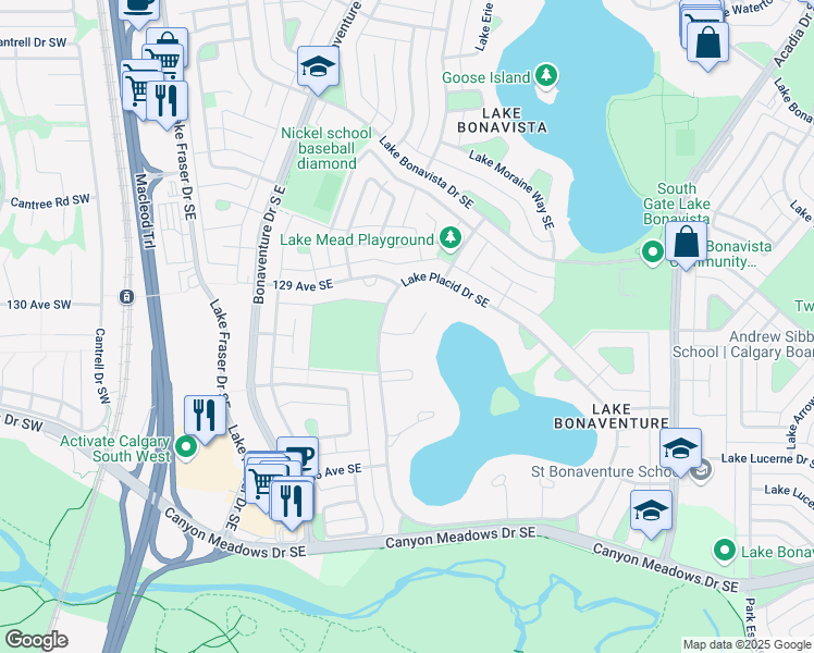 map of restaurants, bars, coffee shops, grocery stores, and more near 159 Lake Placid Place Southeast in Calgary