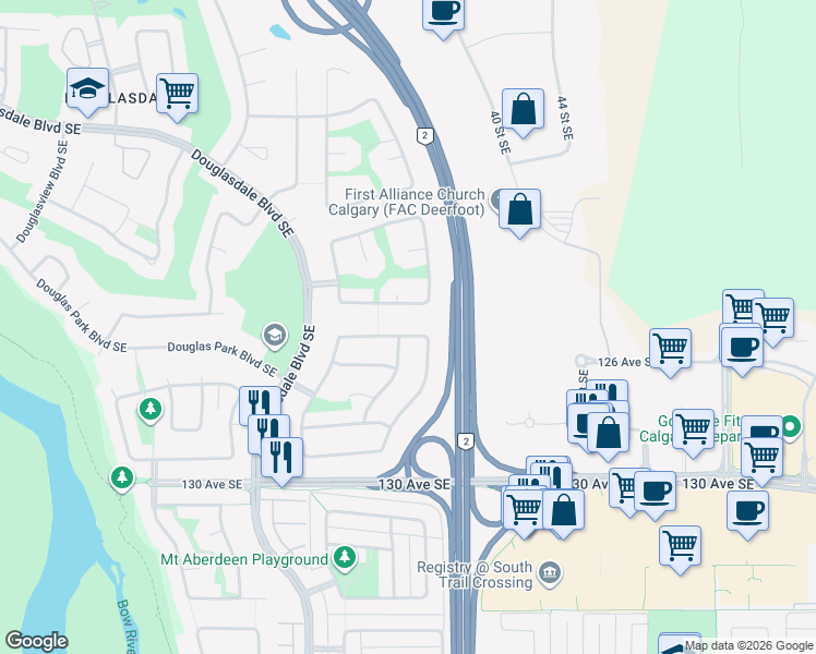 map of restaurants, bars, coffee shops, grocery stores, and more near 13010 Douglas Ridge Grove Southeast in Calgary