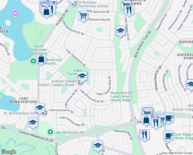 map of restaurants, bars, coffee shops, grocery stores, and more near 13027 Lake Twintree Road Southeast in Calgary