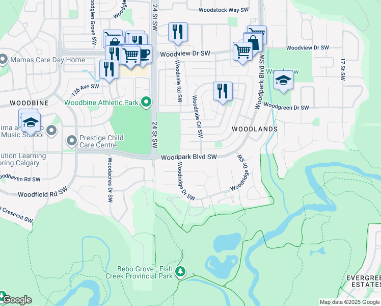 map of restaurants, bars, coffee shops, grocery stores, and more near 715 Woodpark Boulevard Southwest in Calgary