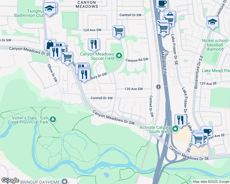 map of restaurants, bars, coffee shops, grocery stores, and more near 112 Cantrell Drive Southwest in Calgary