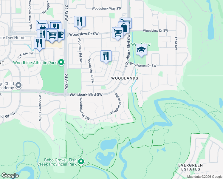map of restaurants, bars, coffee shops, grocery stores, and more near 655 Woodpark Boulevard Southwest in Calgary