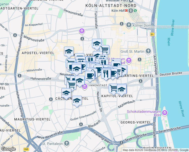 map of restaurants, bars, coffee shops, grocery stores, and more near 65 Schildergasse in Cologne