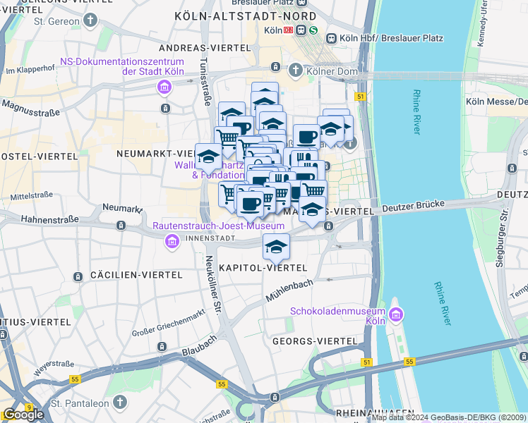 map of restaurants, bars, coffee shops, grocery stores, and more near 52 Hohe Straße in Köln