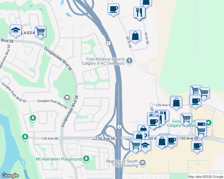 map of restaurants, bars, coffee shops, grocery stores, and more near 220 Douglas Ridge Green Southeast in Calgary