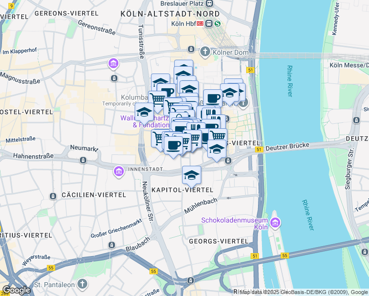 map of restaurants, bars, coffee shops, grocery stores, and more near 52 Hohe Straße in Köln