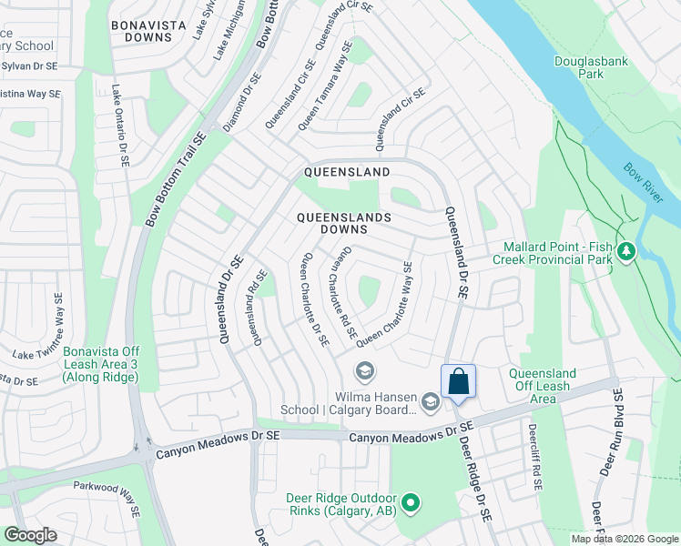 map of restaurants, bars, coffee shops, grocery stores, and more near 452 Queen Charlotte Road Southeast in Calgary
