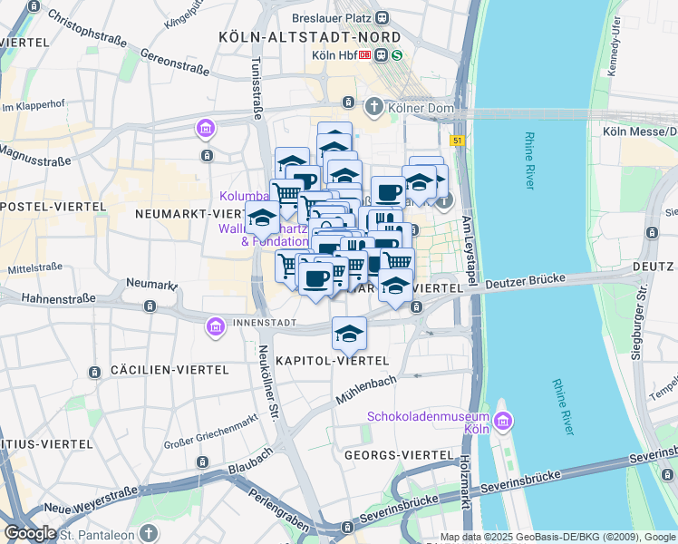 map of restaurants, bars, coffee shops, grocery stores, and more near 4 In der Höhle in Köln