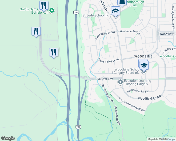 map of restaurants, bars, coffee shops, grocery stores, and more near 55 Wood Valley Rise Southwest in Calgary