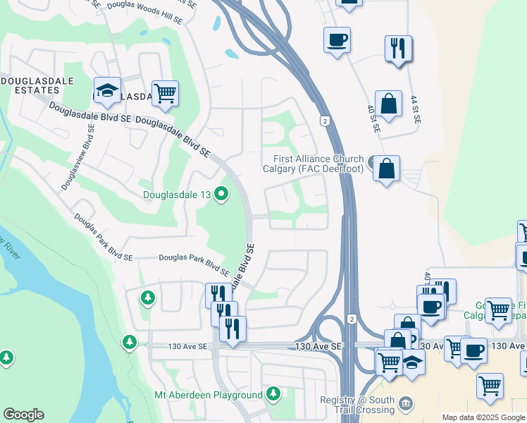 map of restaurants, bars, coffee shops, grocery stores, and more near 24 Douglas Ridge Green Southeast in Calgary